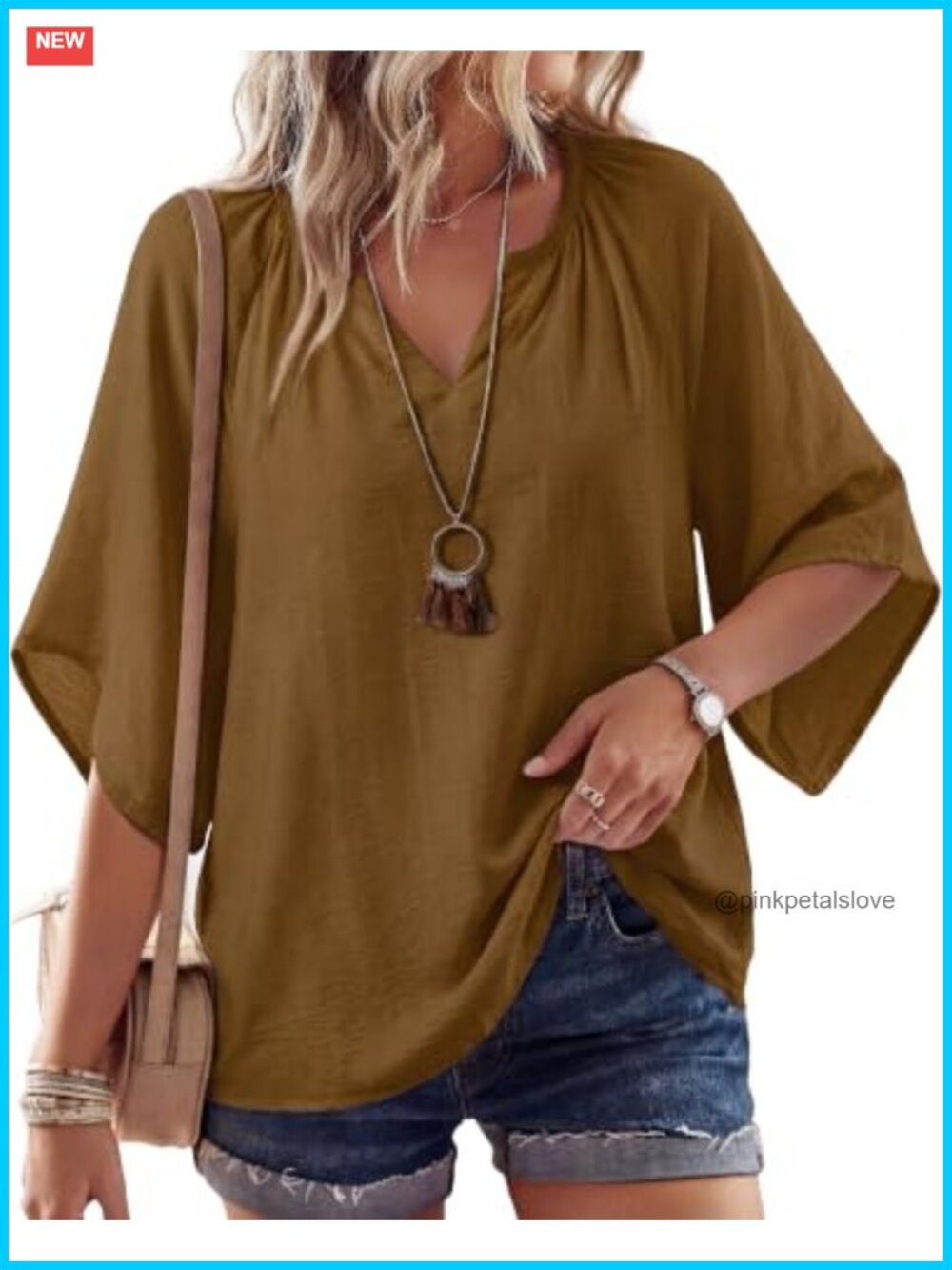 Womens 3/4 Sleeve V Neck Peasant Blouse Loose Tunic Top
